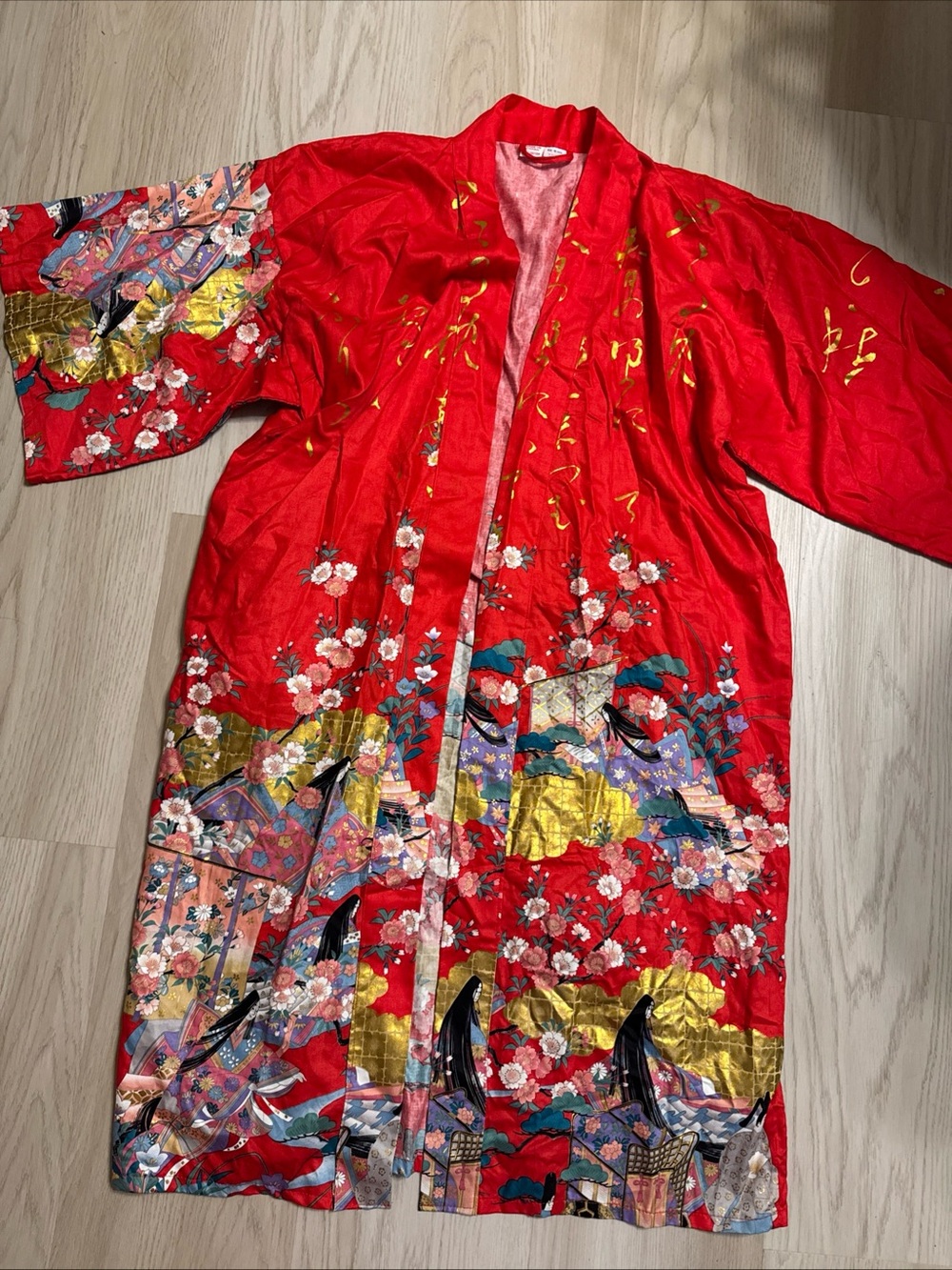 Made In Japan Japanese Yukata Kimono Robe red gold geisha 100% Cotton no belt